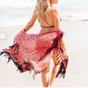 Free People Fringe Kimono One Size Open Front Boho Red/Black Beach Cover-Up